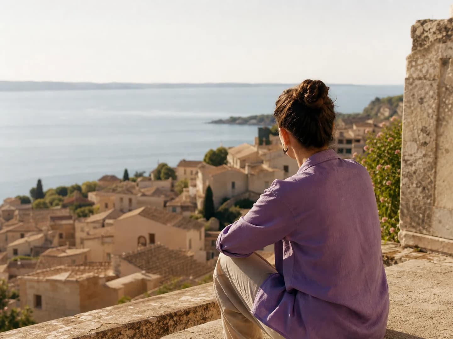 A traveler looking across a sunlit coastal town from a quiet viewpoint.